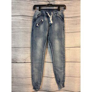 Blue Denim Jogger Pants With Elastic Waist & Cuffed Ankles Size M